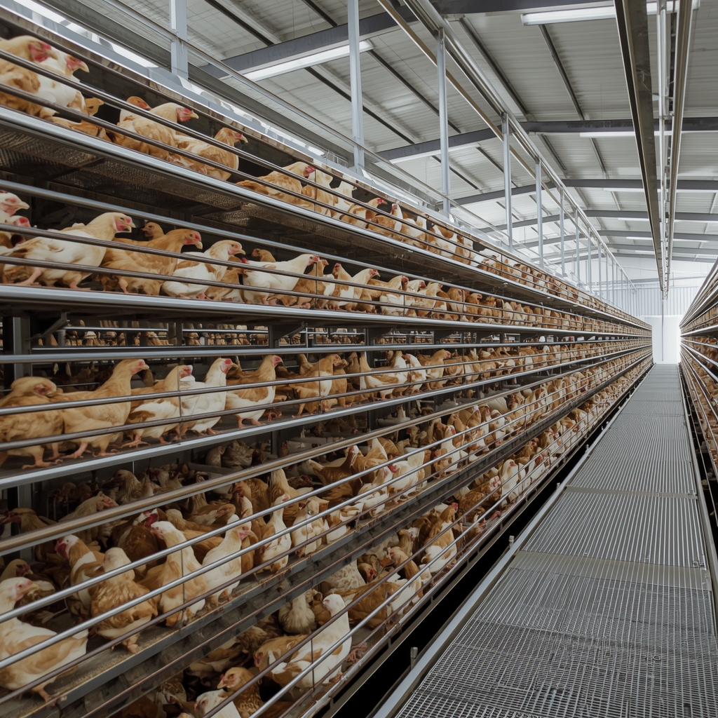 Kavezna baterija sa trakom KBT-H4 u objektu za uzgoj koka nosilja